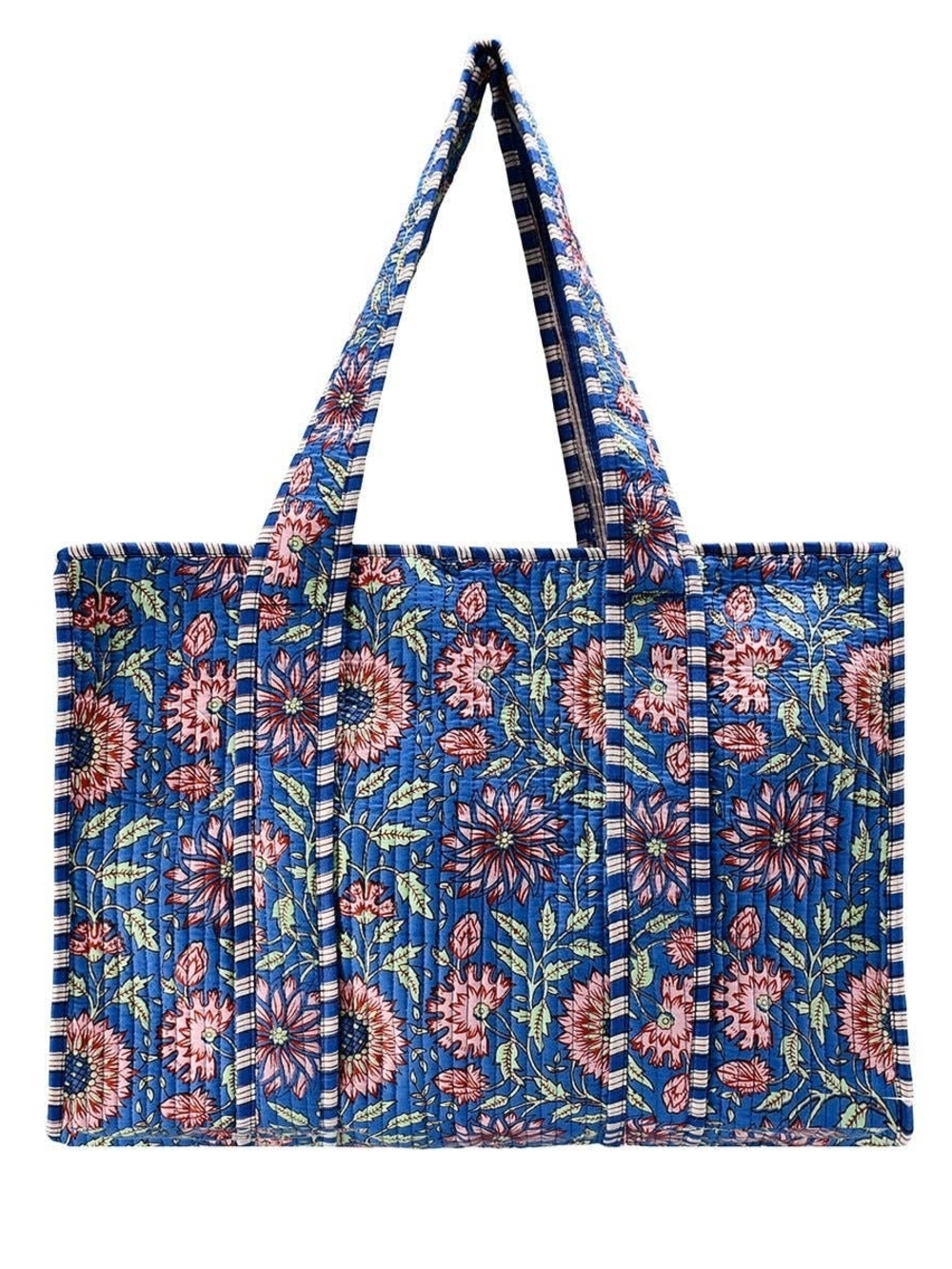 Blue Floral Quilted Tote Bag with Pink Accents-Large